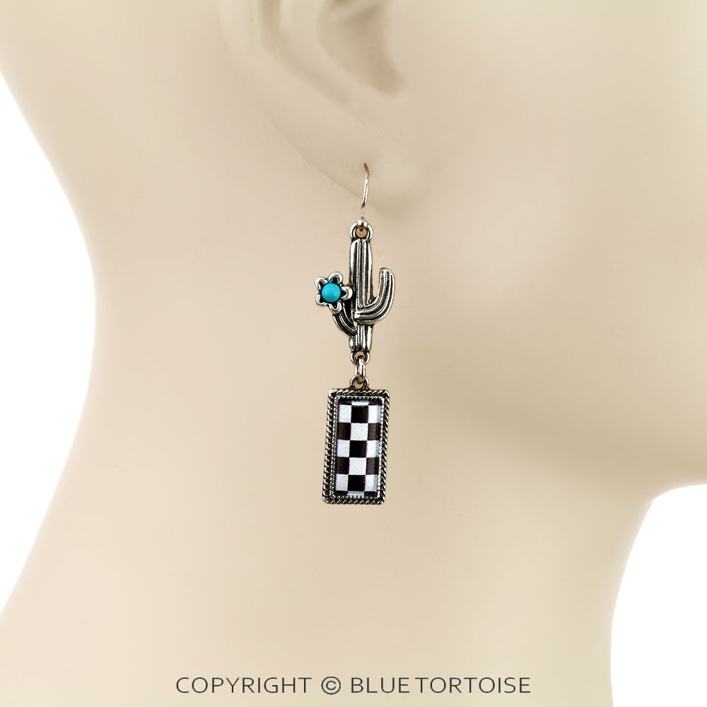 Checker Pattern Bar with Cactus Dangle Earrings - Image 2