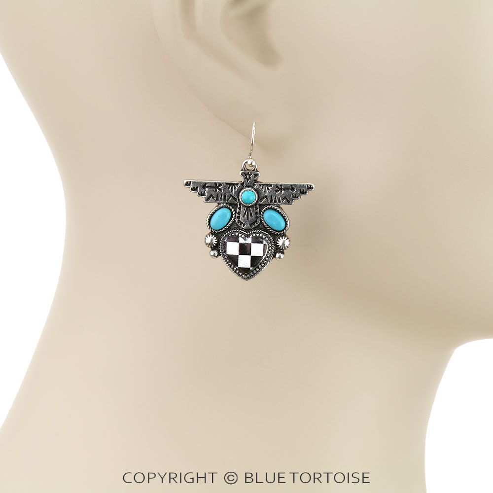 Checker Pattern Heart with Thunderbird Dangle Earrings - Image 2