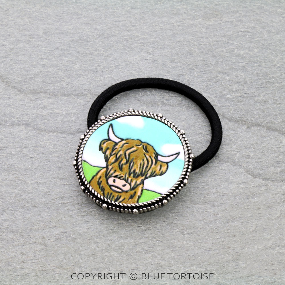 Western Tooled Leather Highland Cow Hair Tie