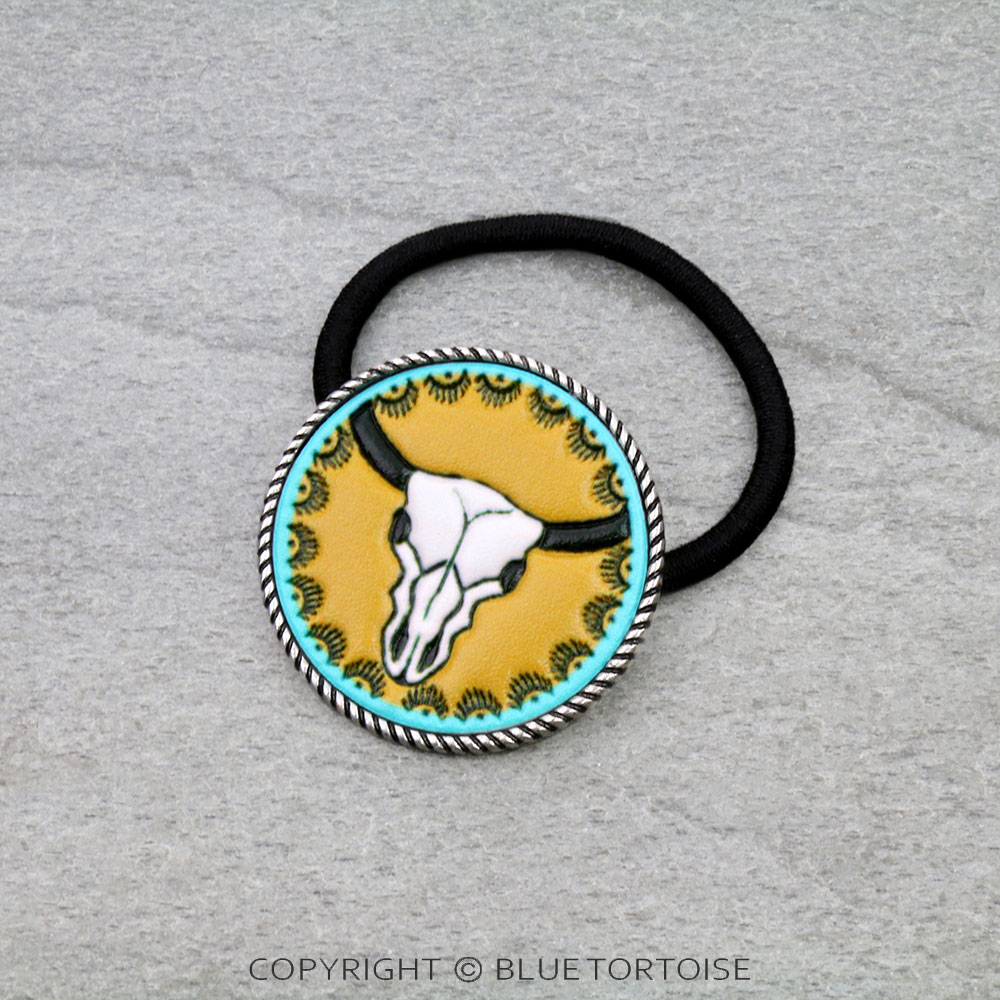 Western Tooled Leather Steer Skull Hair Tie