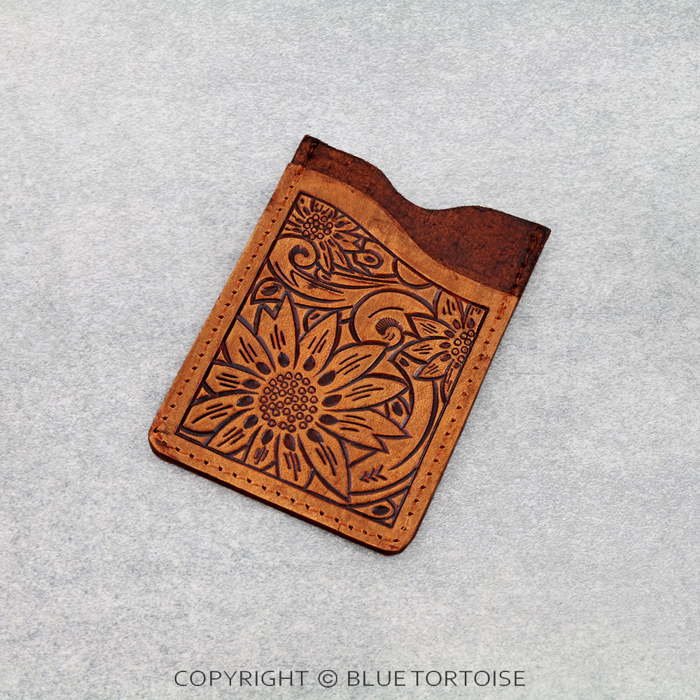 Handmade Genuine Leather Tooled Card Holder - Sunflower