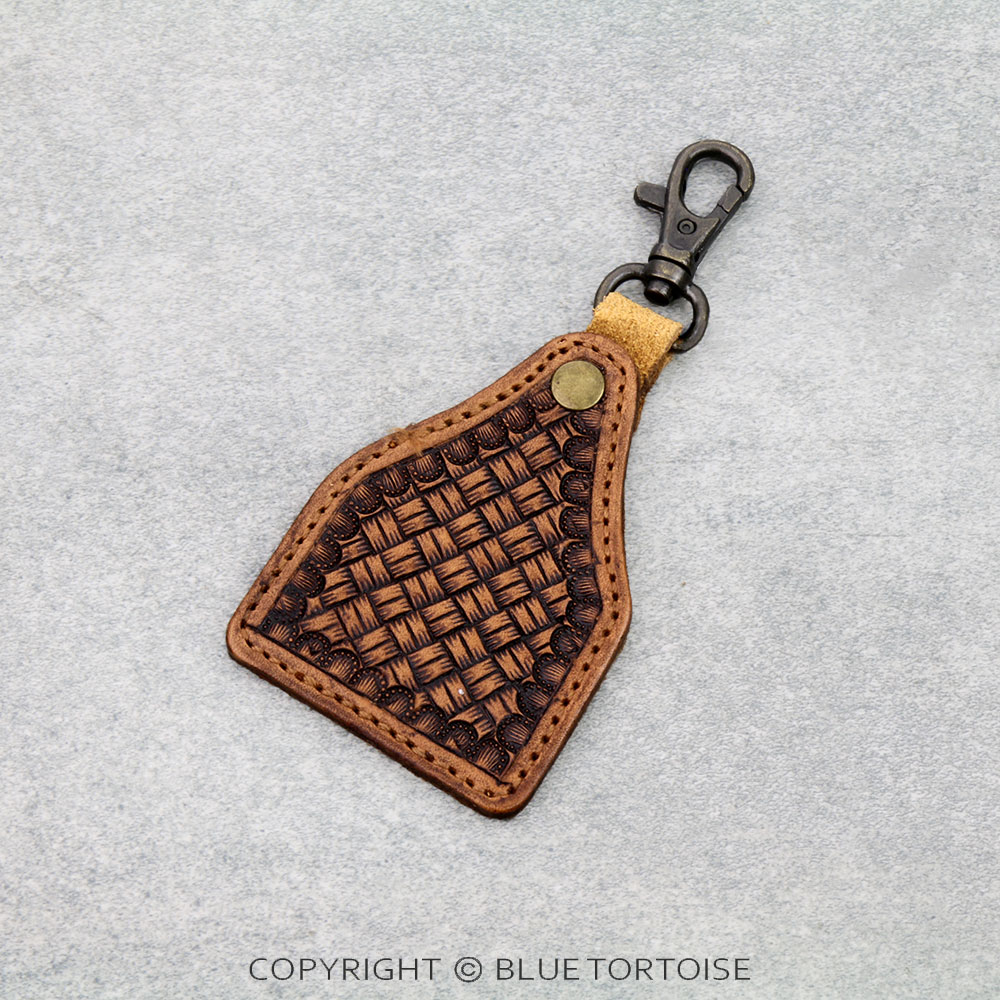 Handmade Genuine Leather Tooled Keychain - Straw Pattern