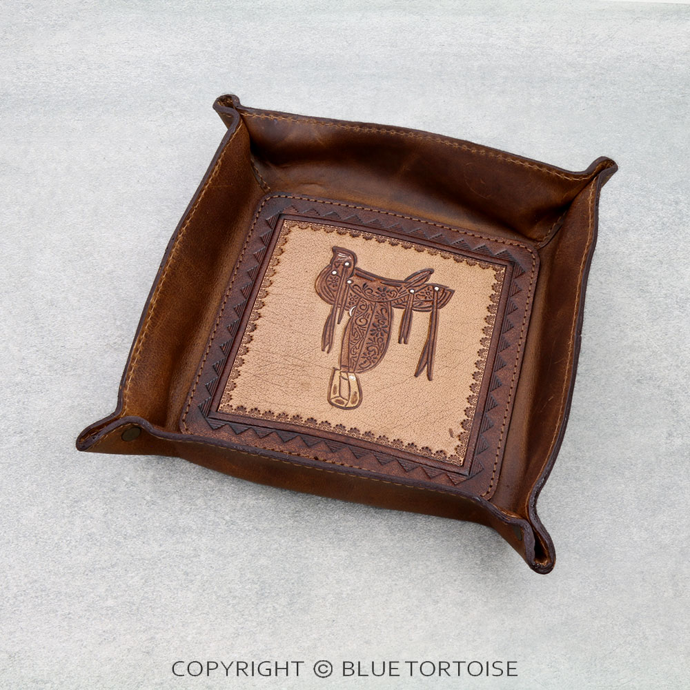 Handmade Genuine Leather Tooled Jewelry Tray - Saddle
