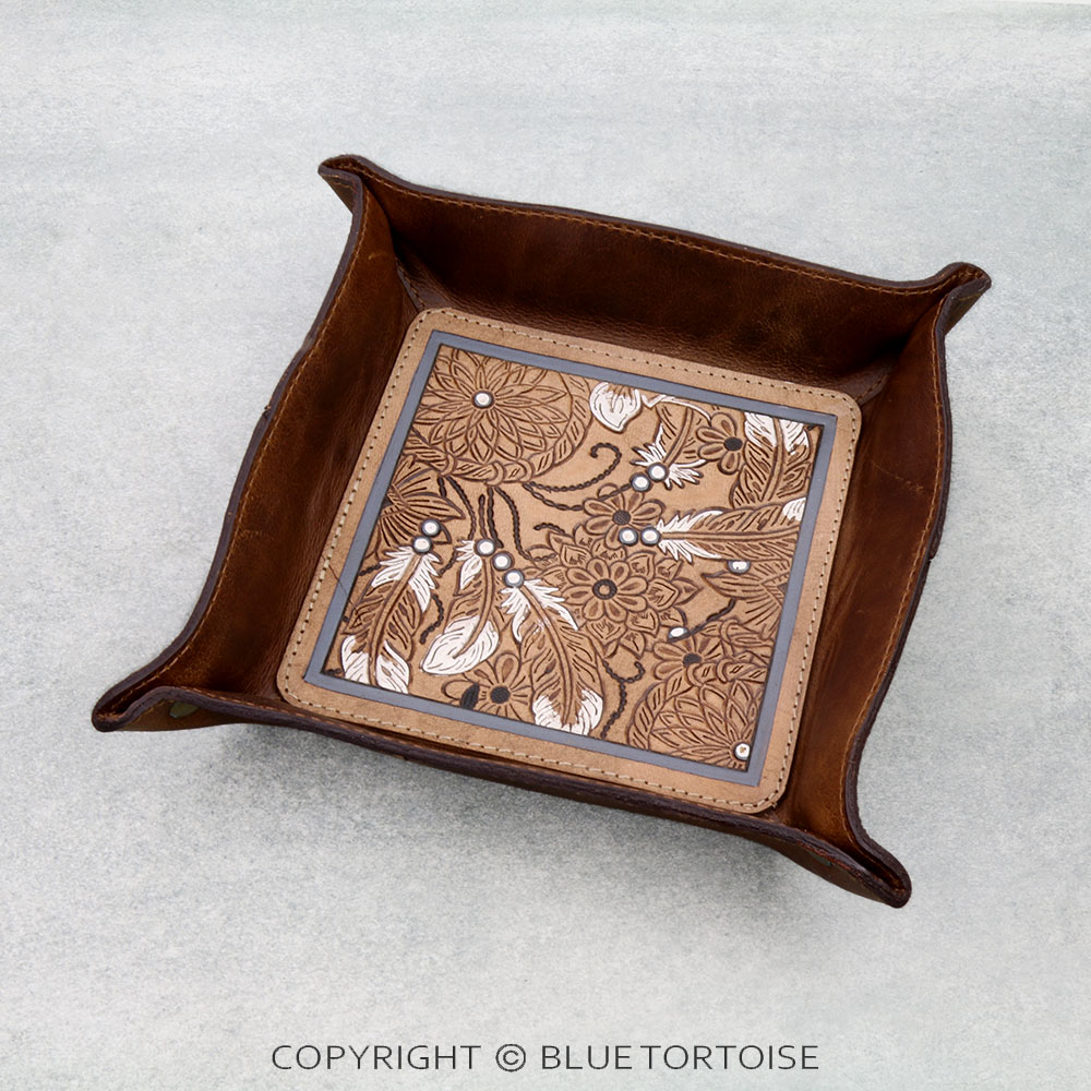 Handmade Genuine Leather Tooled Jewelry Tray - Feather
