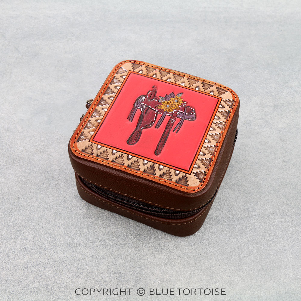 Handmade Genuine Leather Tooled Jewelry Box - Saddle