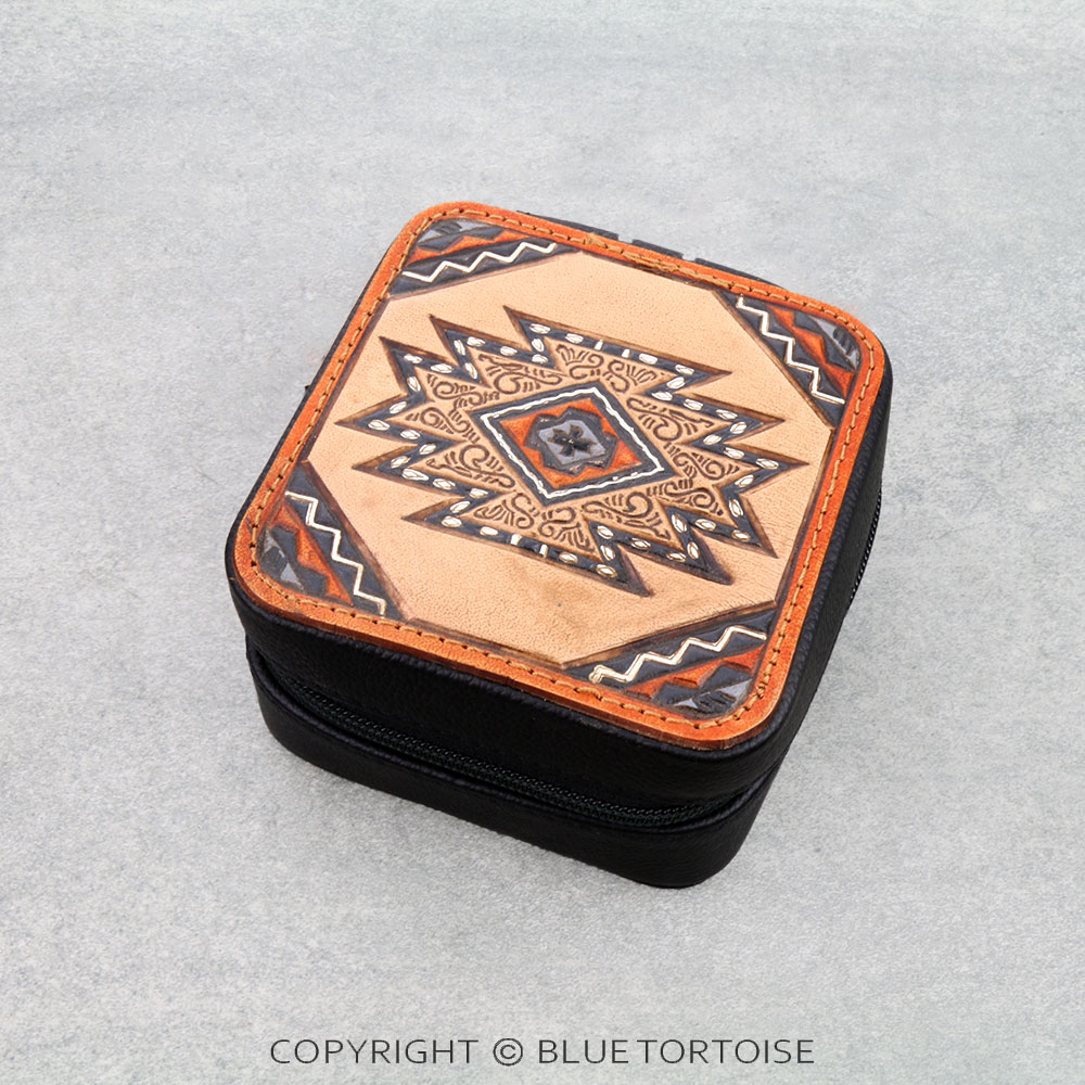 Handmade Genuine Leather Tooled Jewelry Box - Aztec