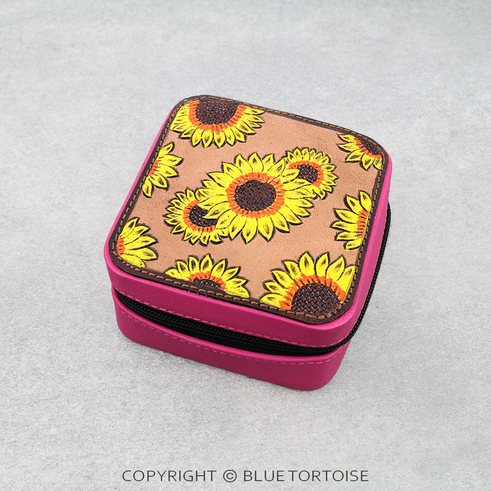 Handmade Genuine Leather Tooled Jewelry Box - Sunflower
