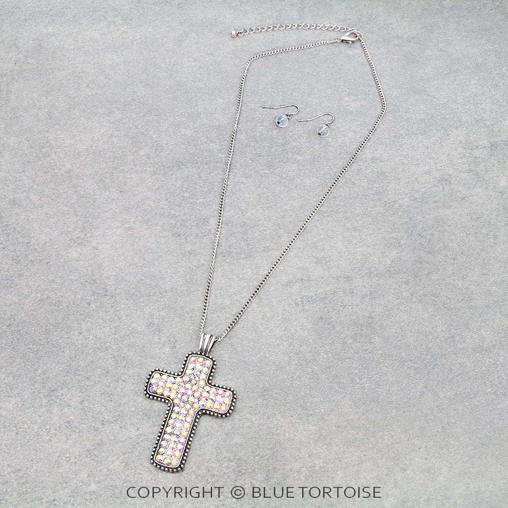 Western Cross Rhinestone Pendant Necklace Set