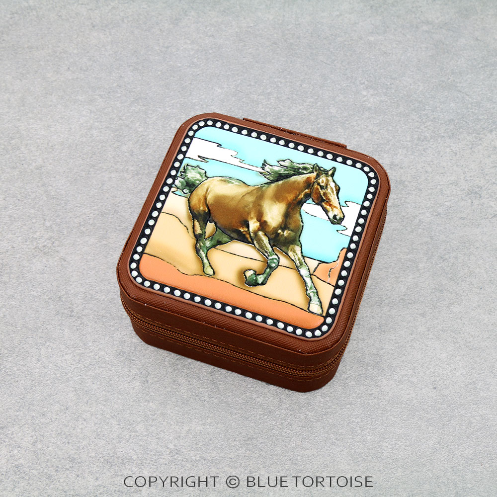 Western Tooled Leather Travel Jewelry Box - Horse