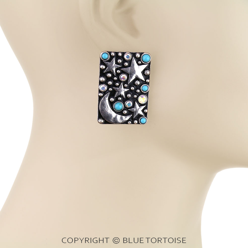 Western Moon & Star Rectangle Stud Earrings - Image 2