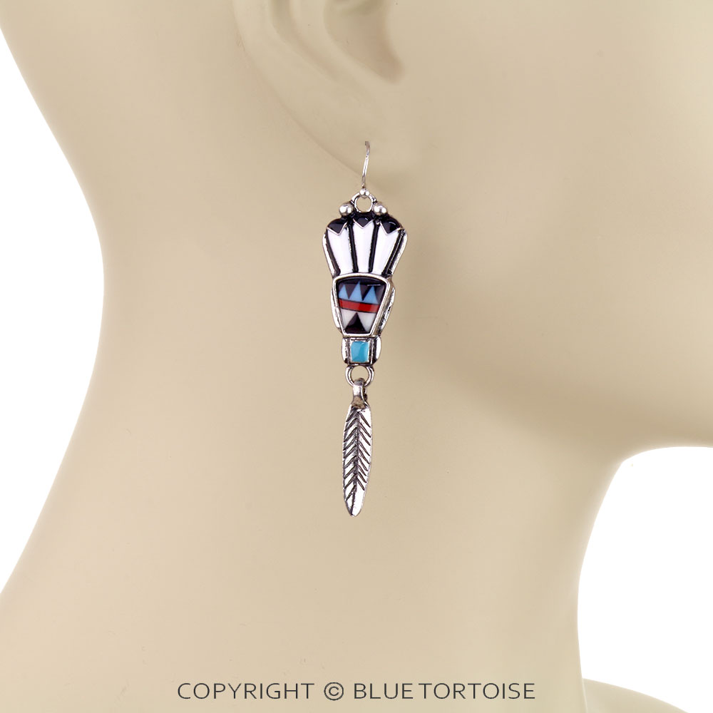 Native American Headdress Feather Dangle Earrings - Image 2