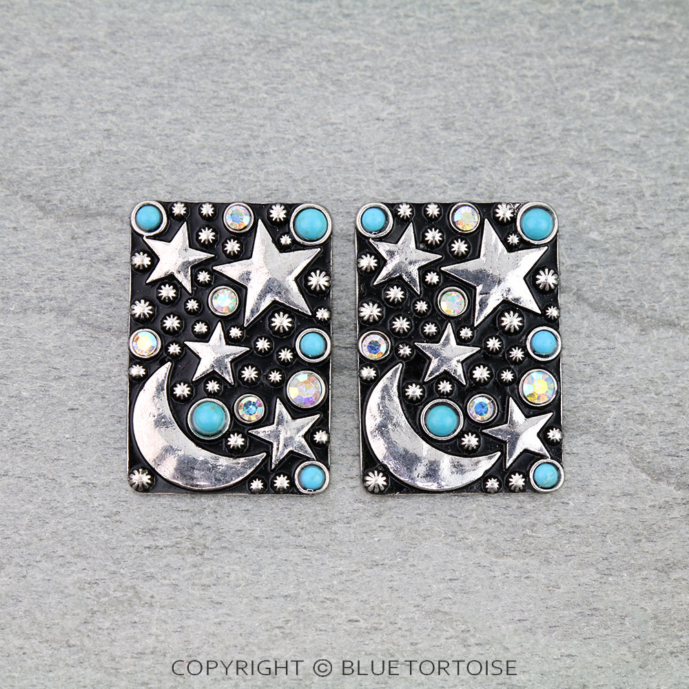 Western Moon & Star Rectangle Stud Earrings