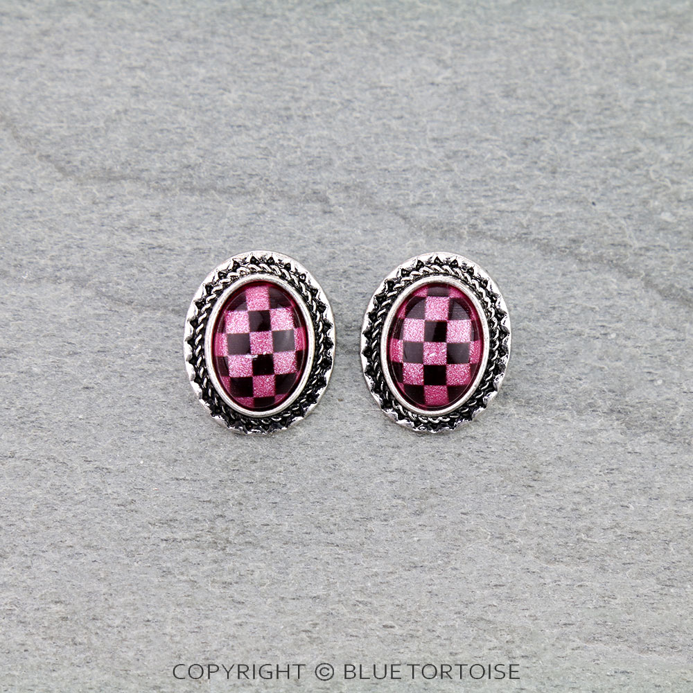 Checker Pattern Oval Stud Earrings