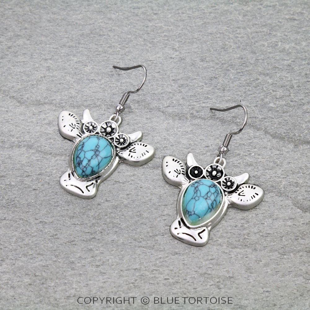 Western Cow Head Stone Dangle Earrings