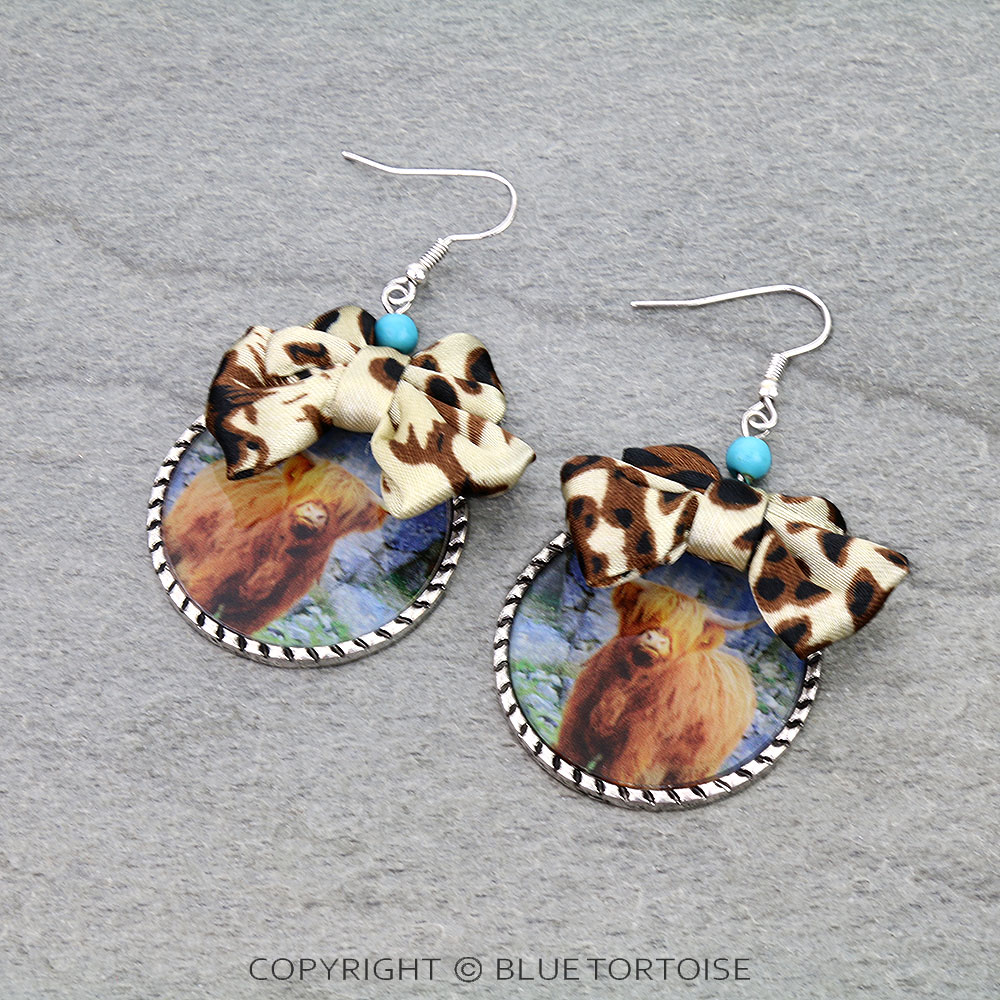 Highland Cow with Ribbon Dangle Earrings