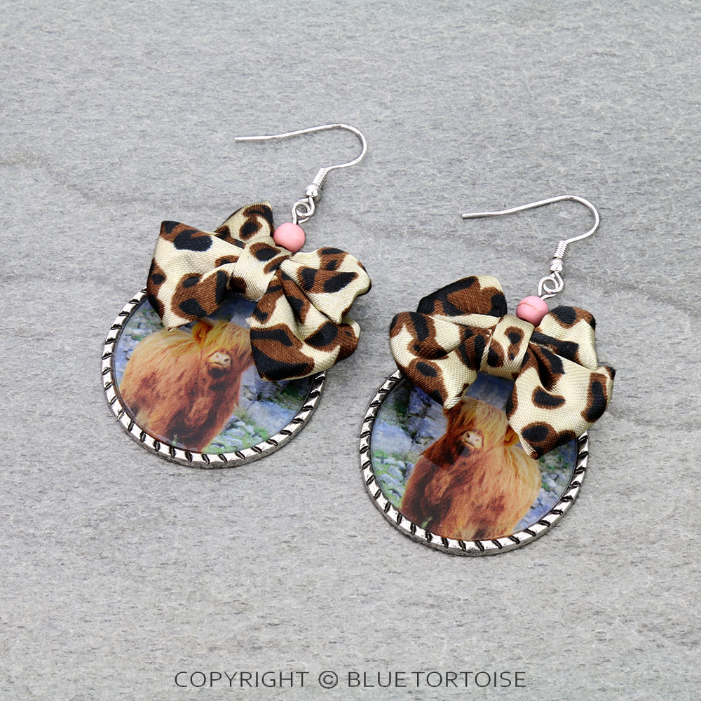 Highland Cow with Ribbon Dangle Earrings