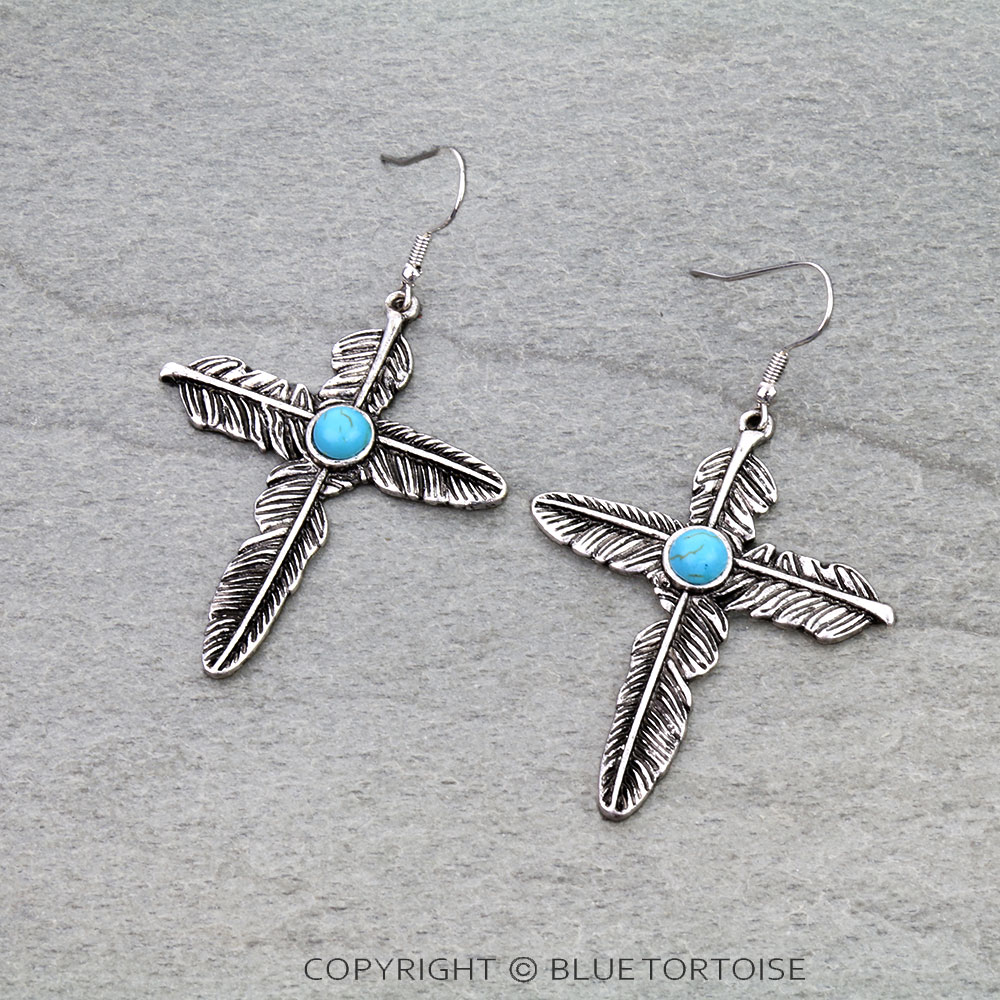 Western Cross Feather Dangle Earrings
