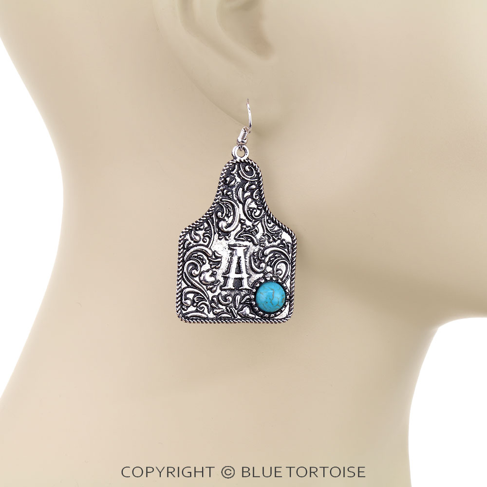Ear Tag Initial E Dangle Earrings - Image 2