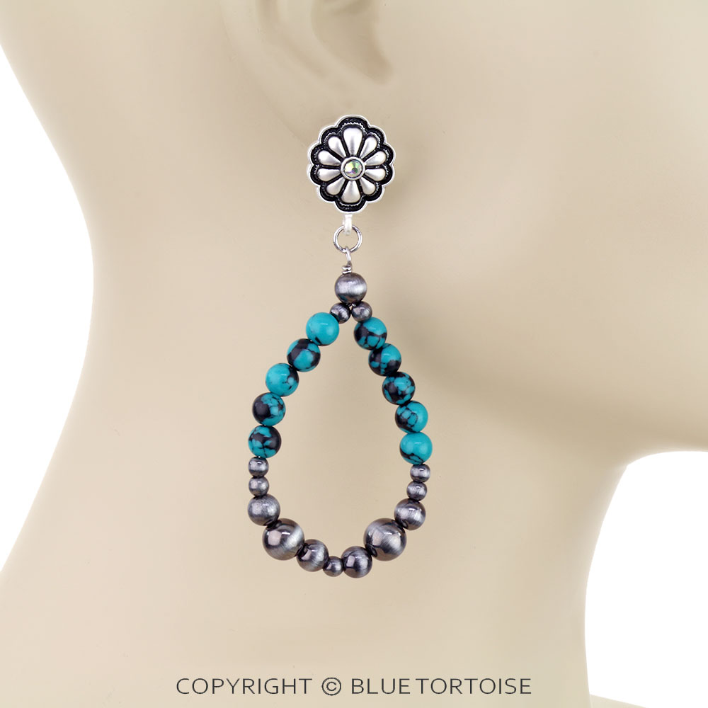 Navajo Style Pearl Teardrop with Concho Stud Earrings - Image 2