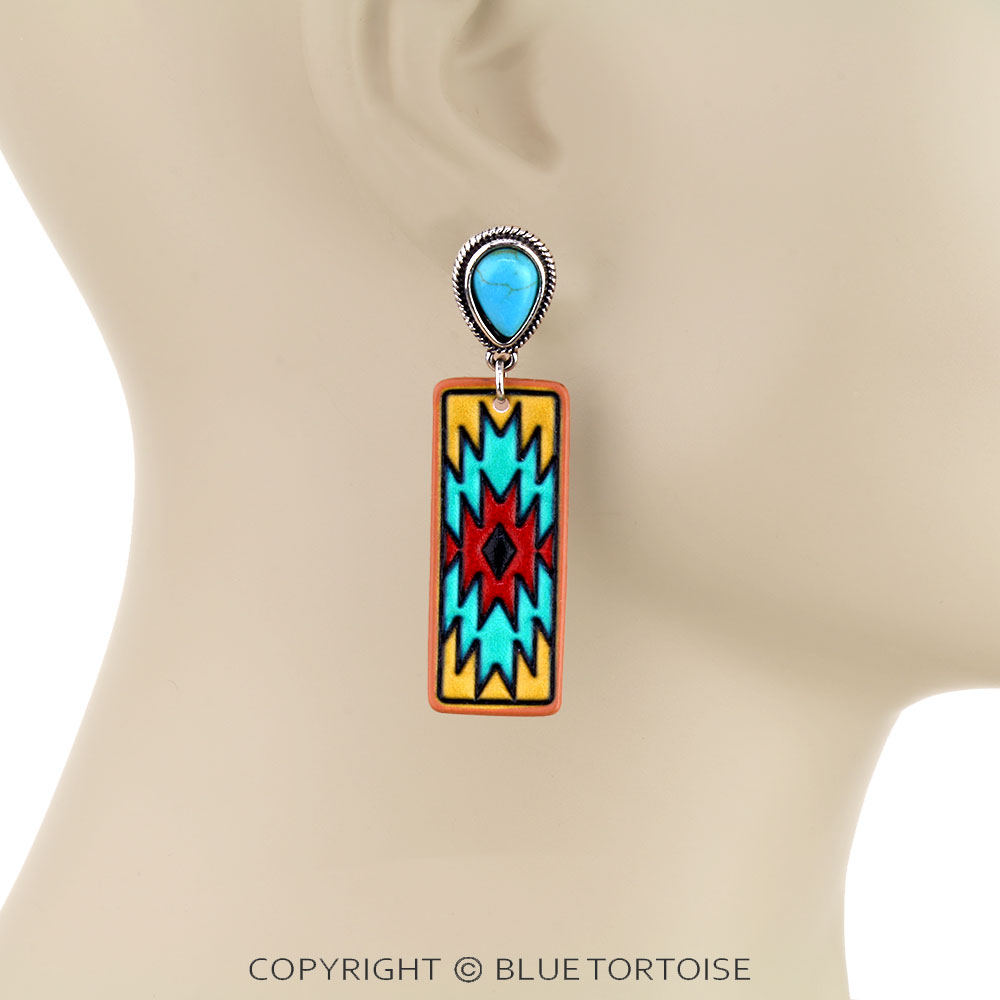 Western Aztec Tooled Leather Stud Earrings - Image 2