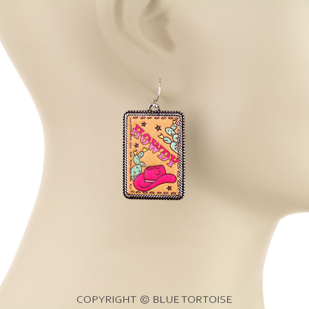 Western HOWDY Tooled Leather Dangle Earrings - Image 2