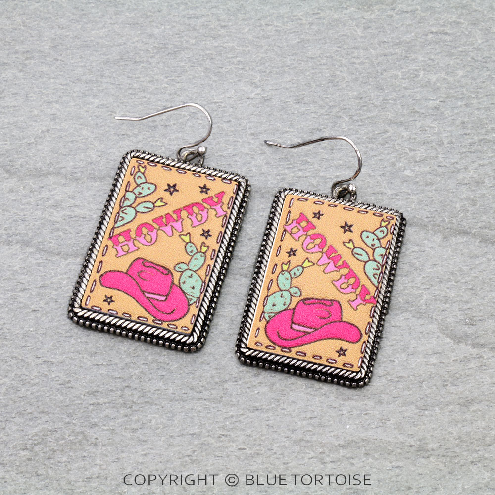 Western HOWDY Tooled Leather Dangle Earrings