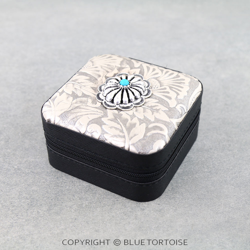 Western Tooled Leather Travel Jewelry Box - Concho