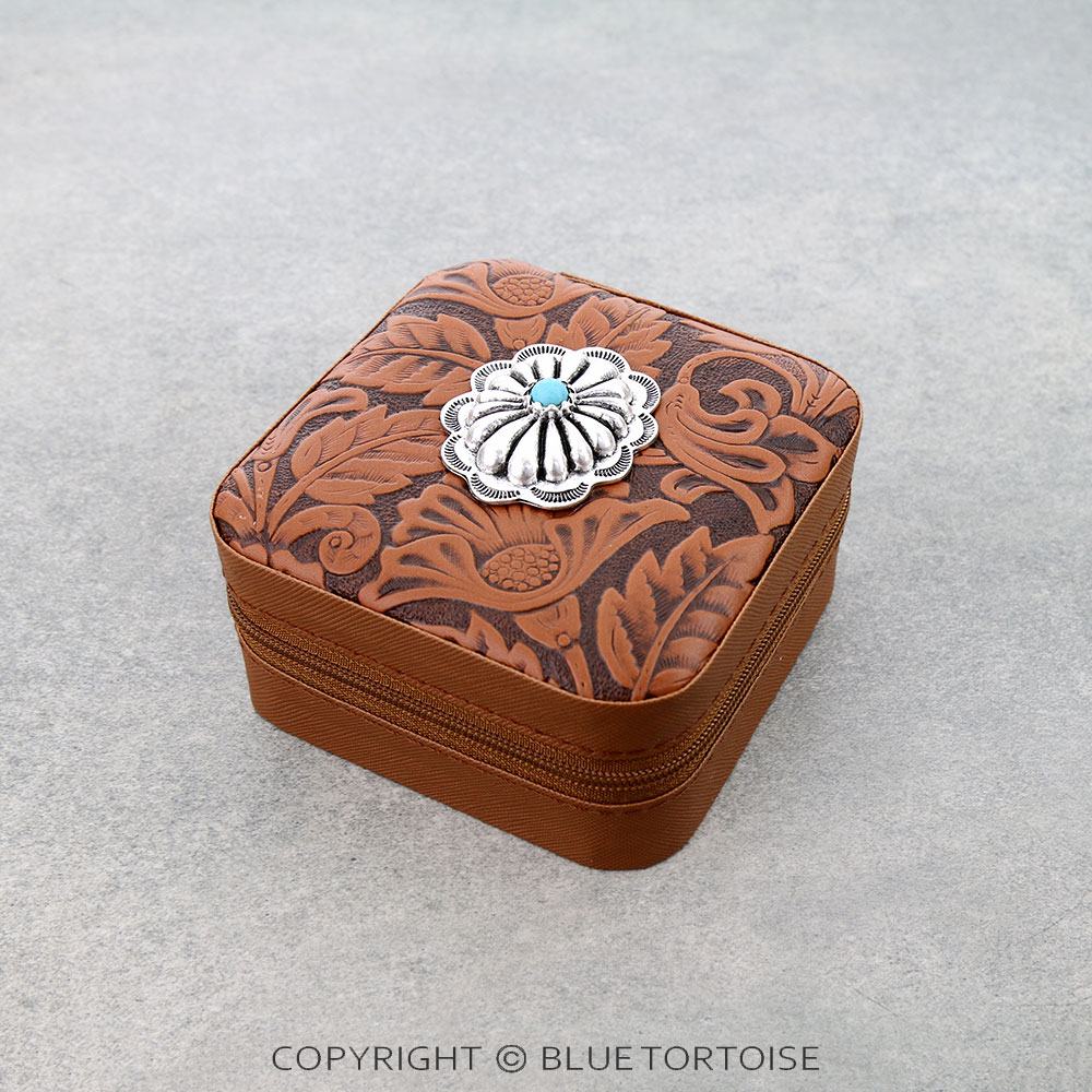 Western Tooled Leather Travel Jewelry Box - Concho