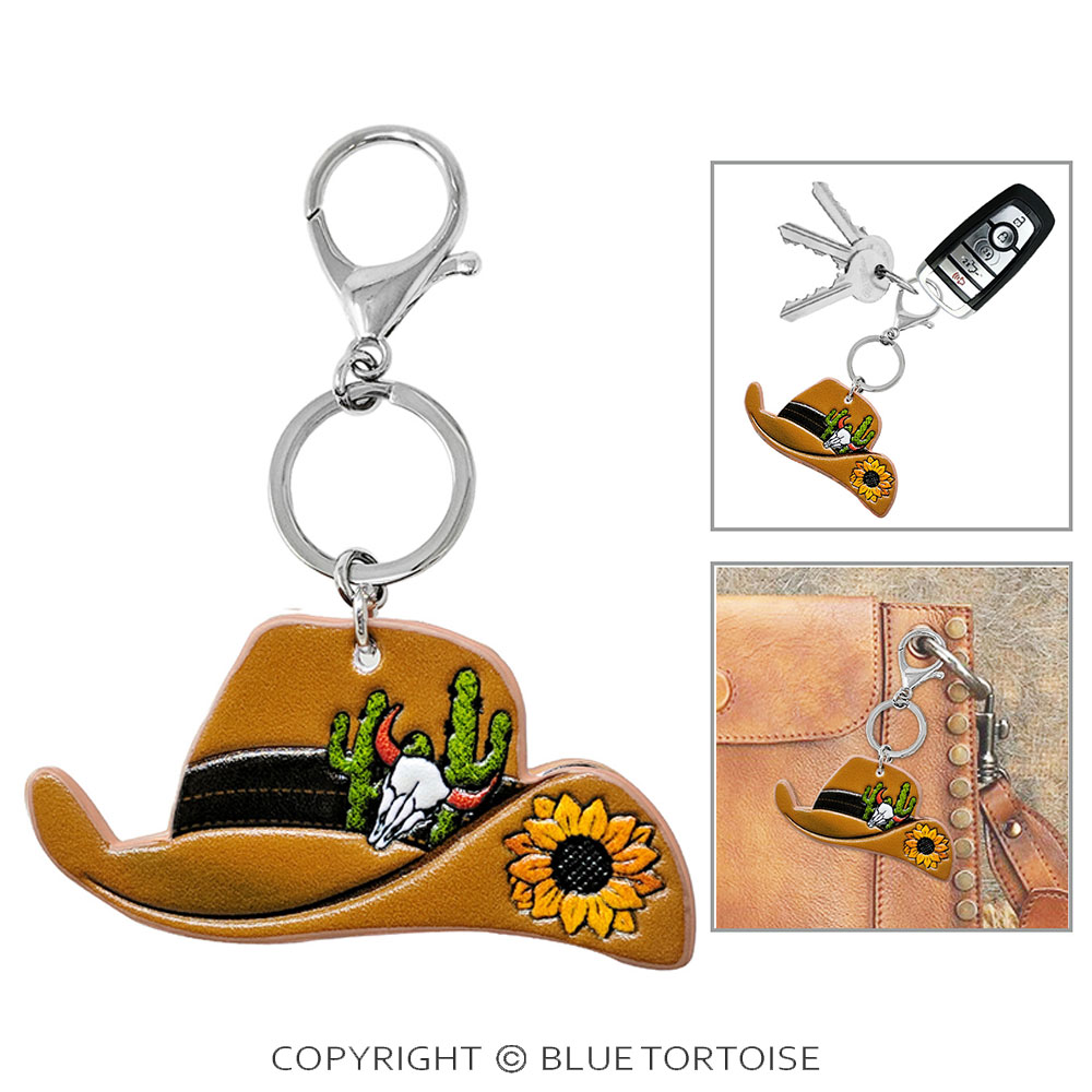 Western Tooled Leather Key Ring - Sunflower Cowboy Hat - Image 2