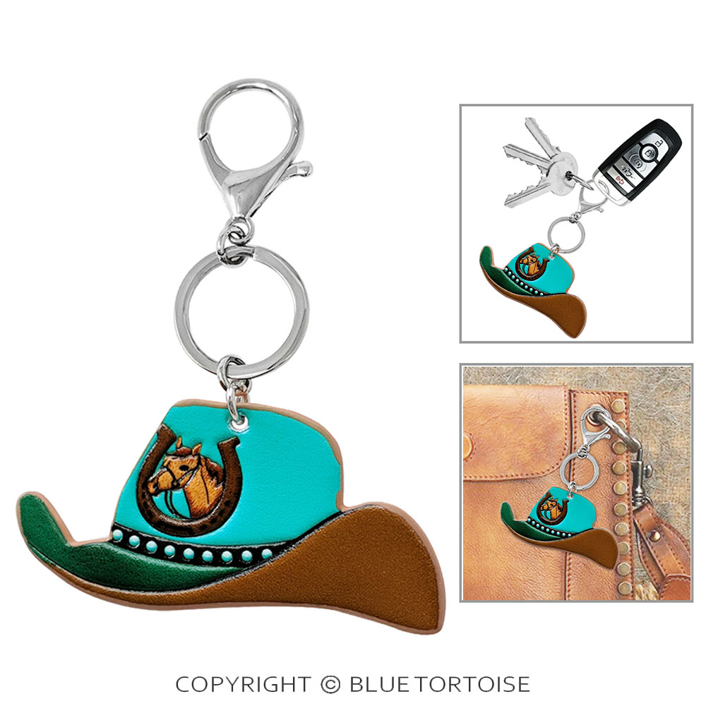 Western Tooled Leather Key Ring - Horse Cowboy Hat - Image 2