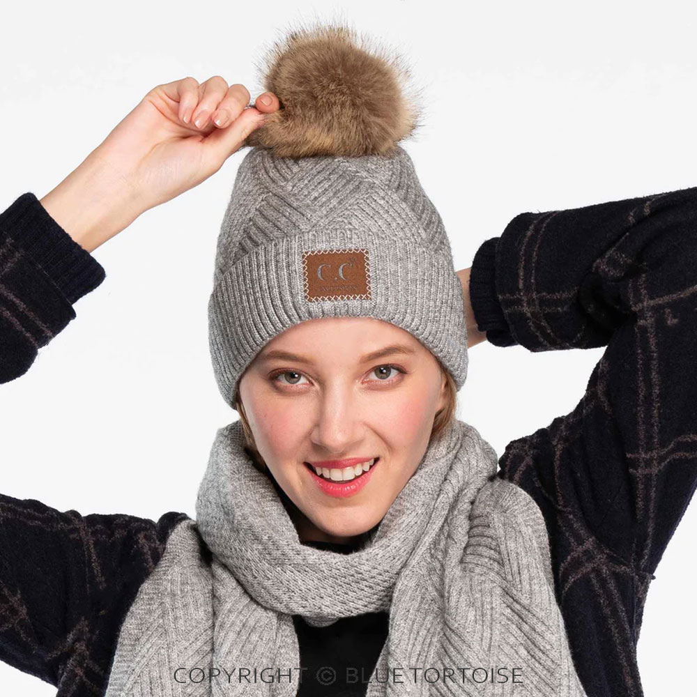 C.C Heather Beanie Pom Hat with Suede Patch in Diagonal Stripes Criss Cross Pattern - Image 5