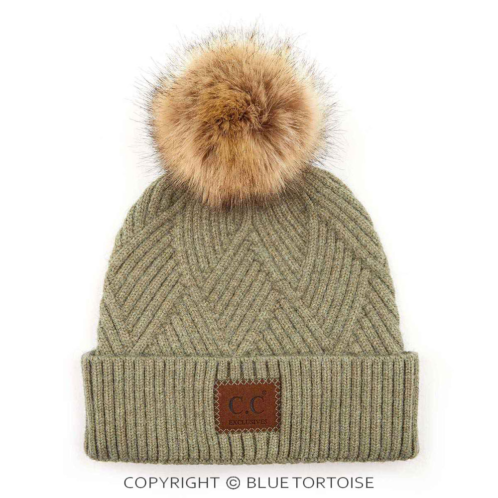 C.C Heather Beanie Pom Hat with Suede Patch in Diagonal Stripes Criss Cross Pattern