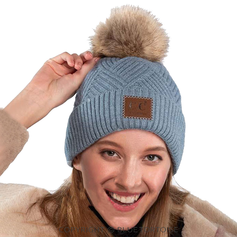 C.C Heather Beanie Pom Hat with Suede Patch in Diagonal Stripes Criss Cross Pattern - Image 6