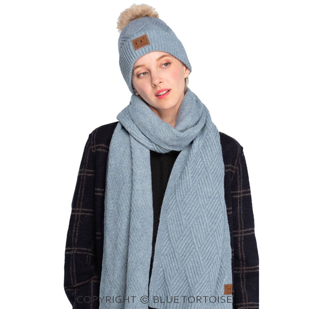 C.C Heather Beanie Pom Hat with Suede Patch in Diagonal Stripes Criss Cross Pattern - Image 7