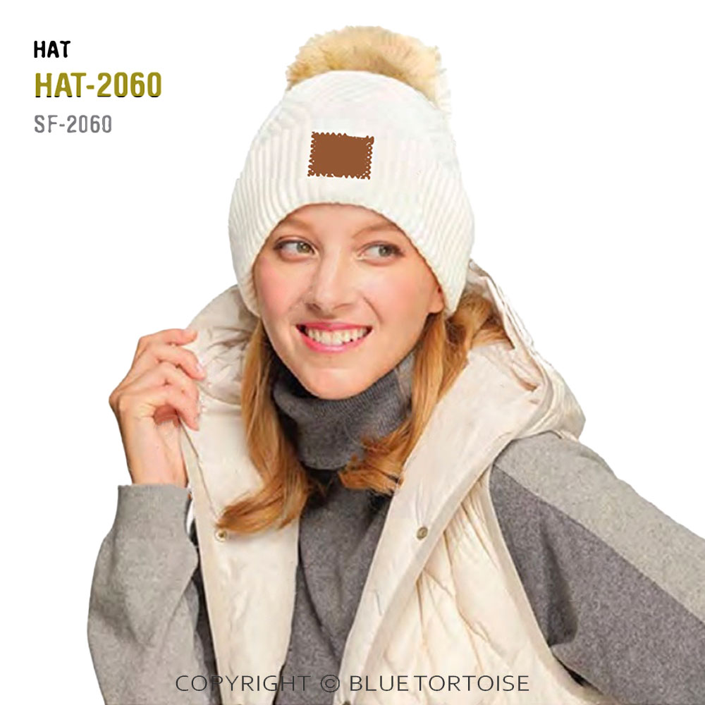 C.C Heather Beanie Pom Hat with Suede Patch in Diagonal Stripes Criss Cross Pattern - Image 4