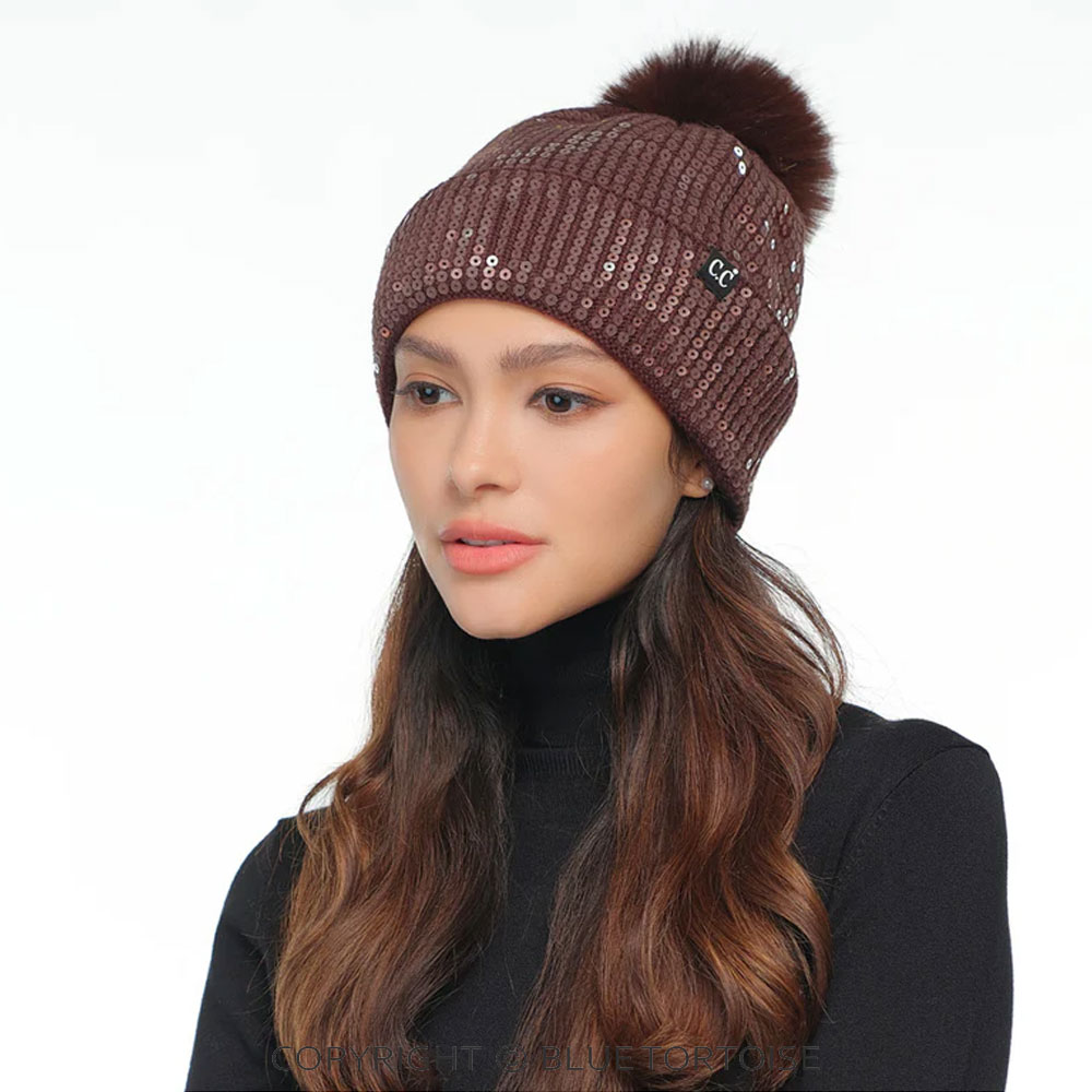 C.C All Over Clear Sequin Pom Beanie - Image 2