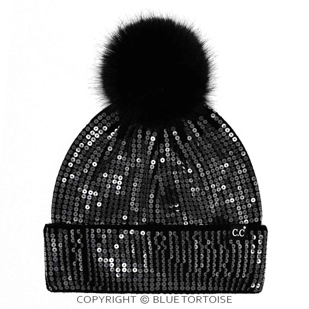 C.C All Over Clear Sequin Pom Beanie