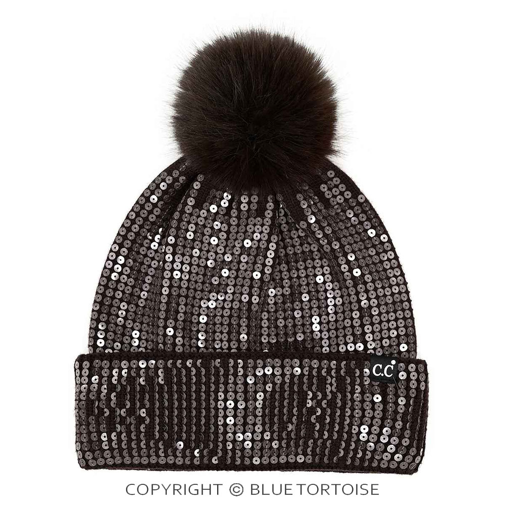 C.C All Over Clear Sequin Pom Beanie