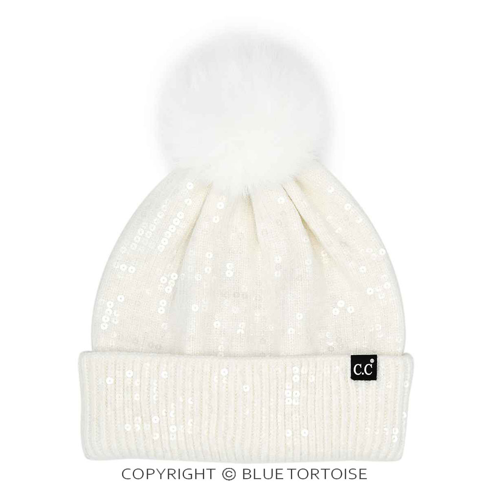 C.C All Over Clear Sequin Pom Beanie