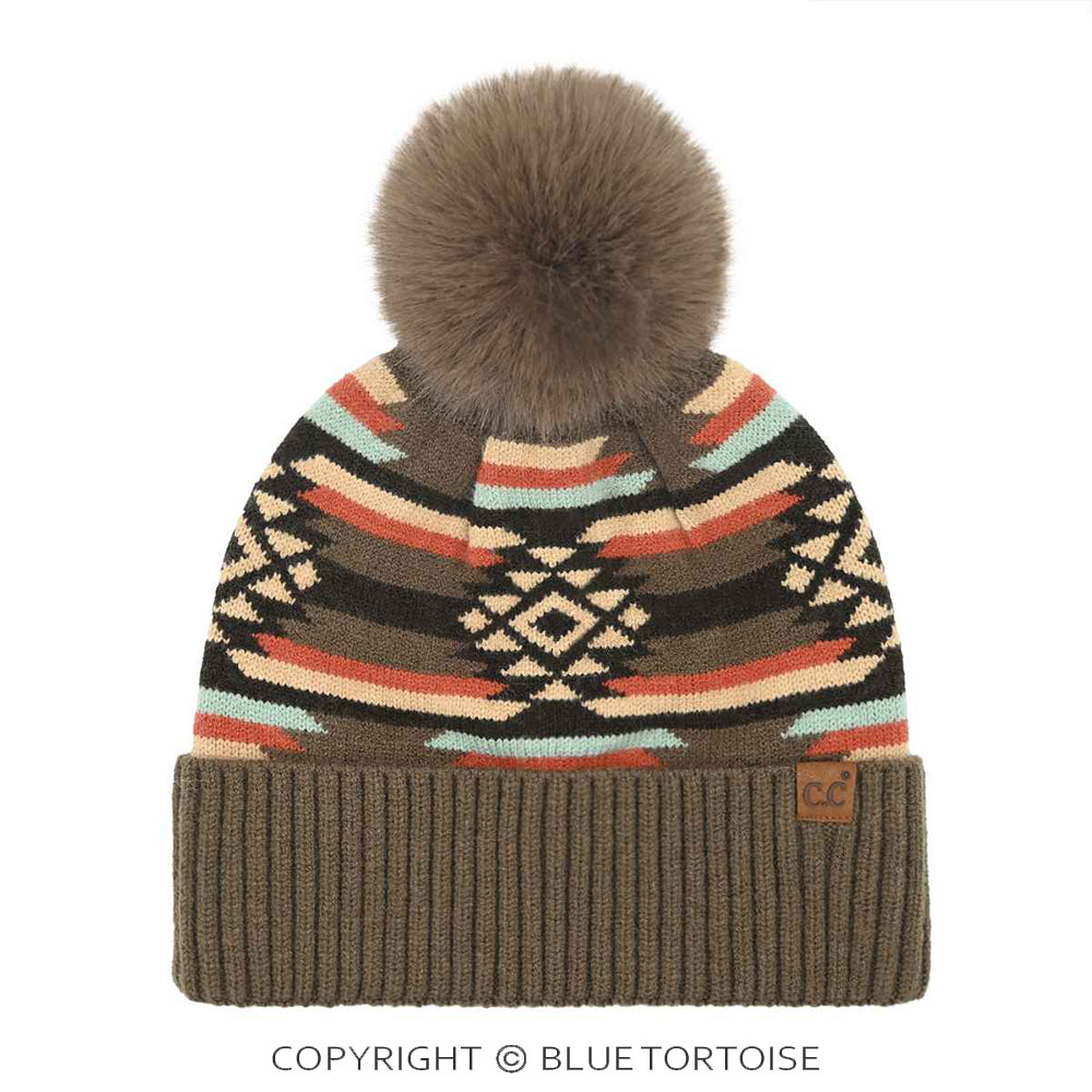 C.C Aztec Pattern Pom Cuff Beanie
