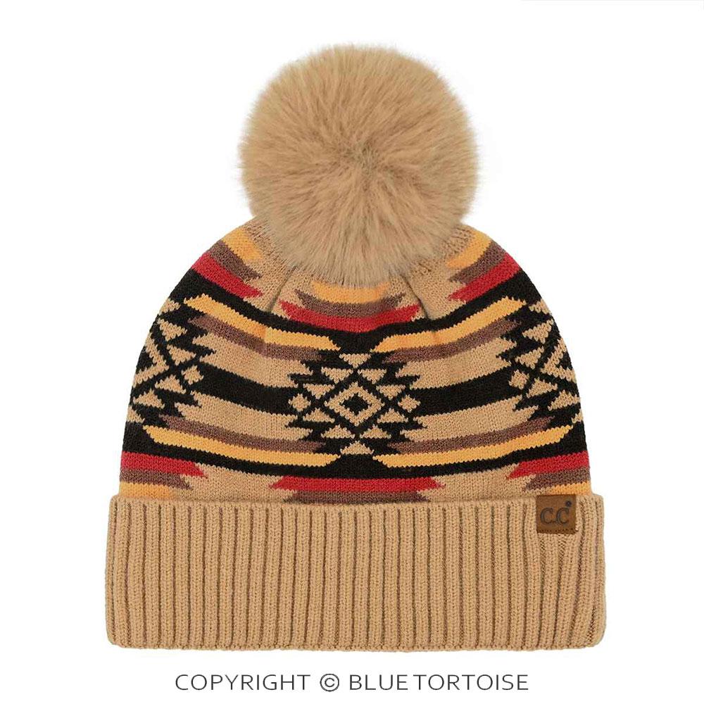C.C Aztec Pattern Pom Cuff Beanie