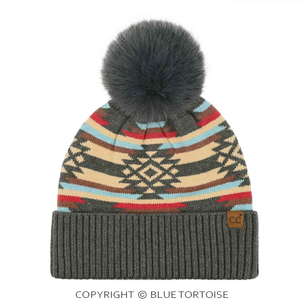 C.C Aztec Pattern Pom Cuff Beanie