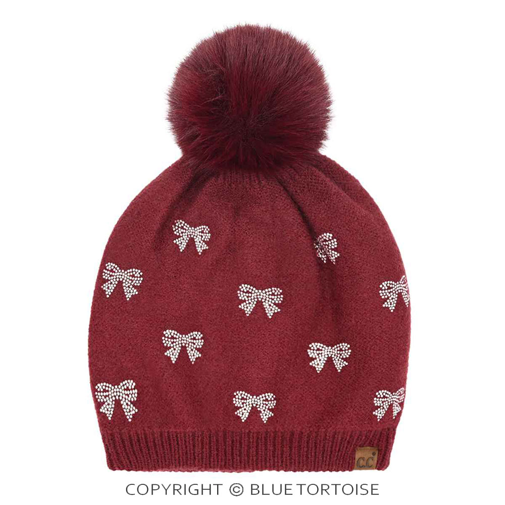 C.C Allover Rhinestone Mini Bow Pom Beanie