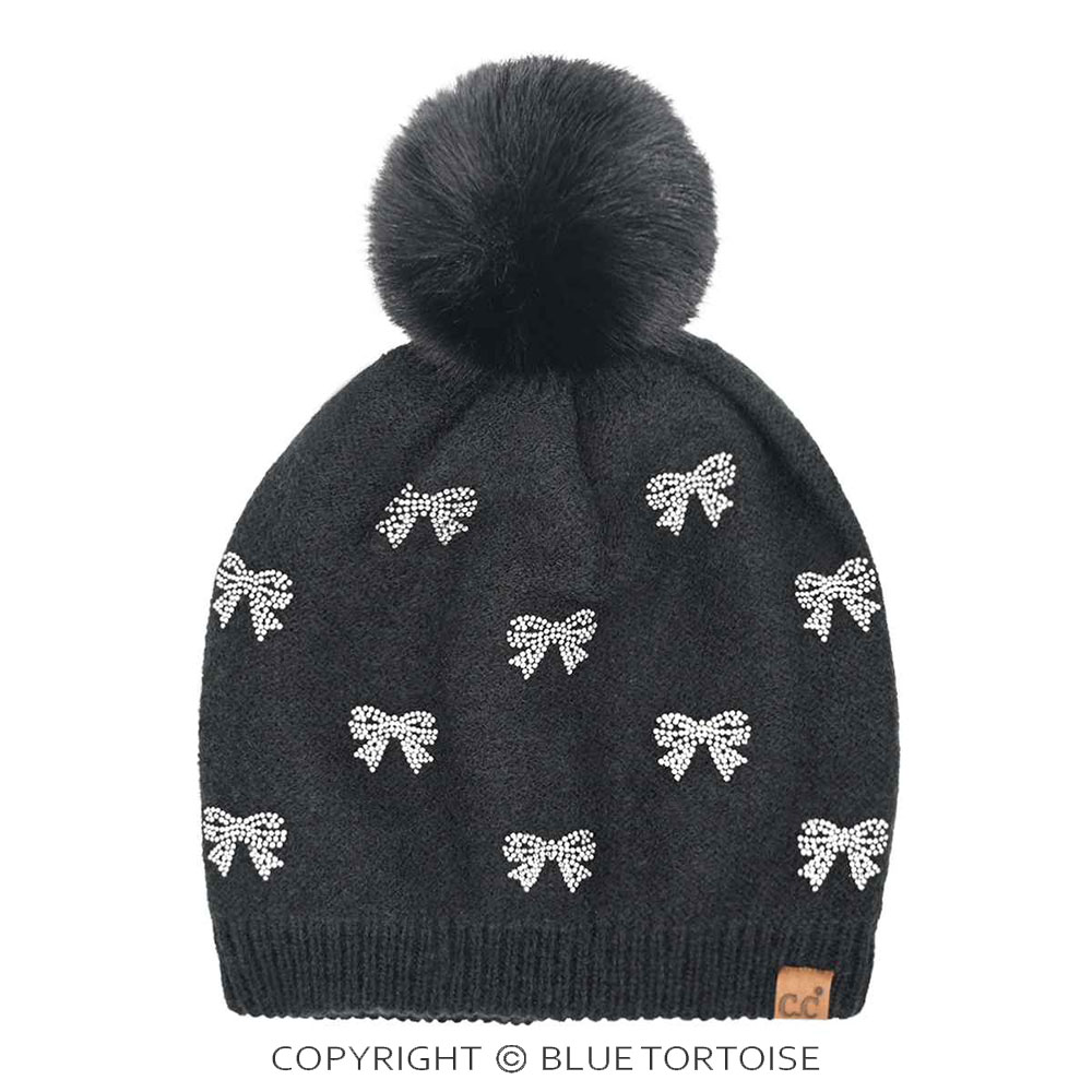 C.C Allover Rhinestone Mini Bow Pom Beanie