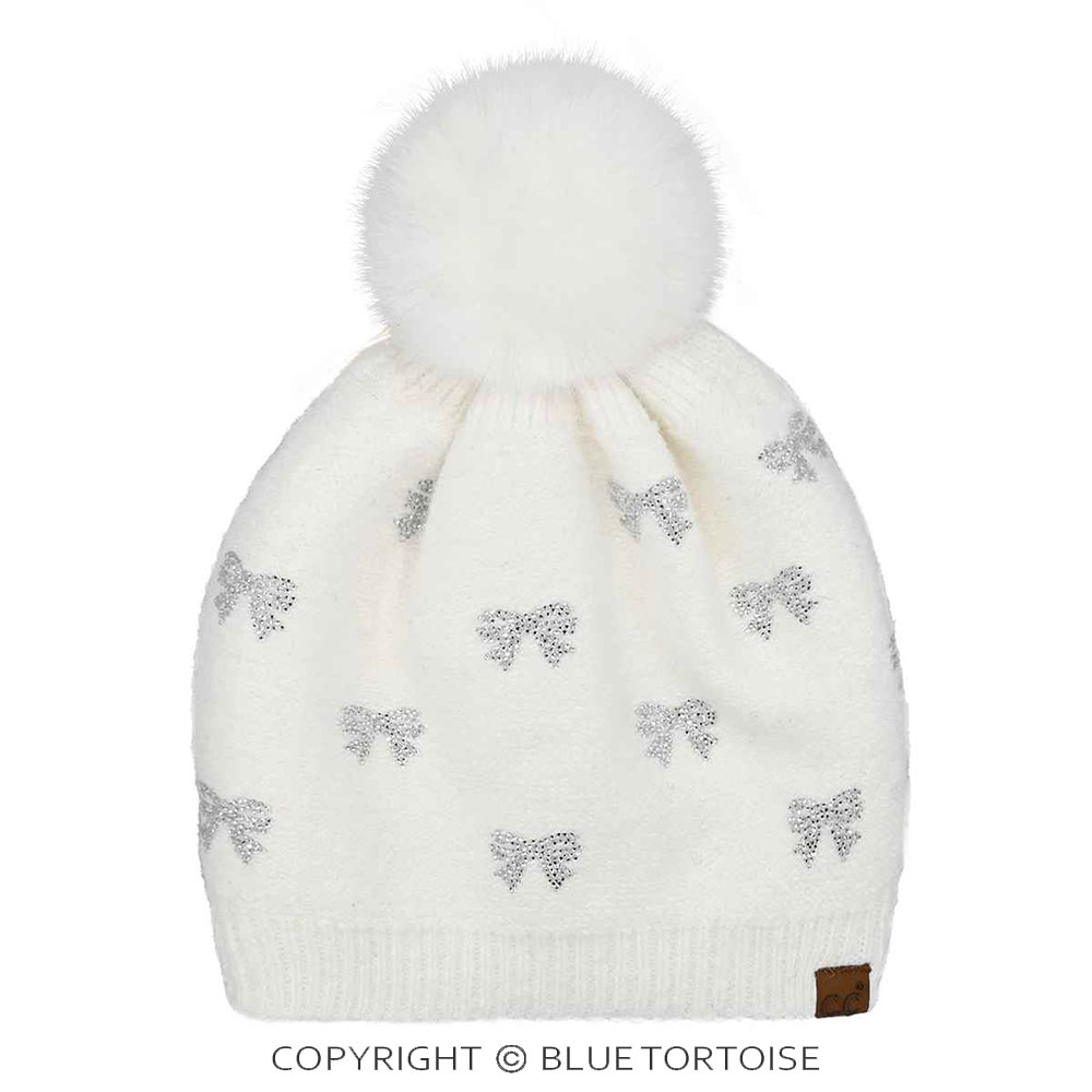 C.C Allover Rhinestone Mini Bow Pom Beanie