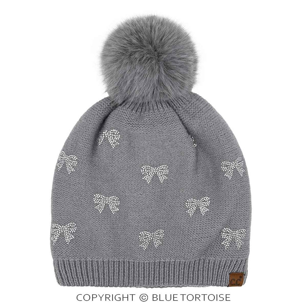 C.C Allover Rhinestone Mini Bow Pom Beanie