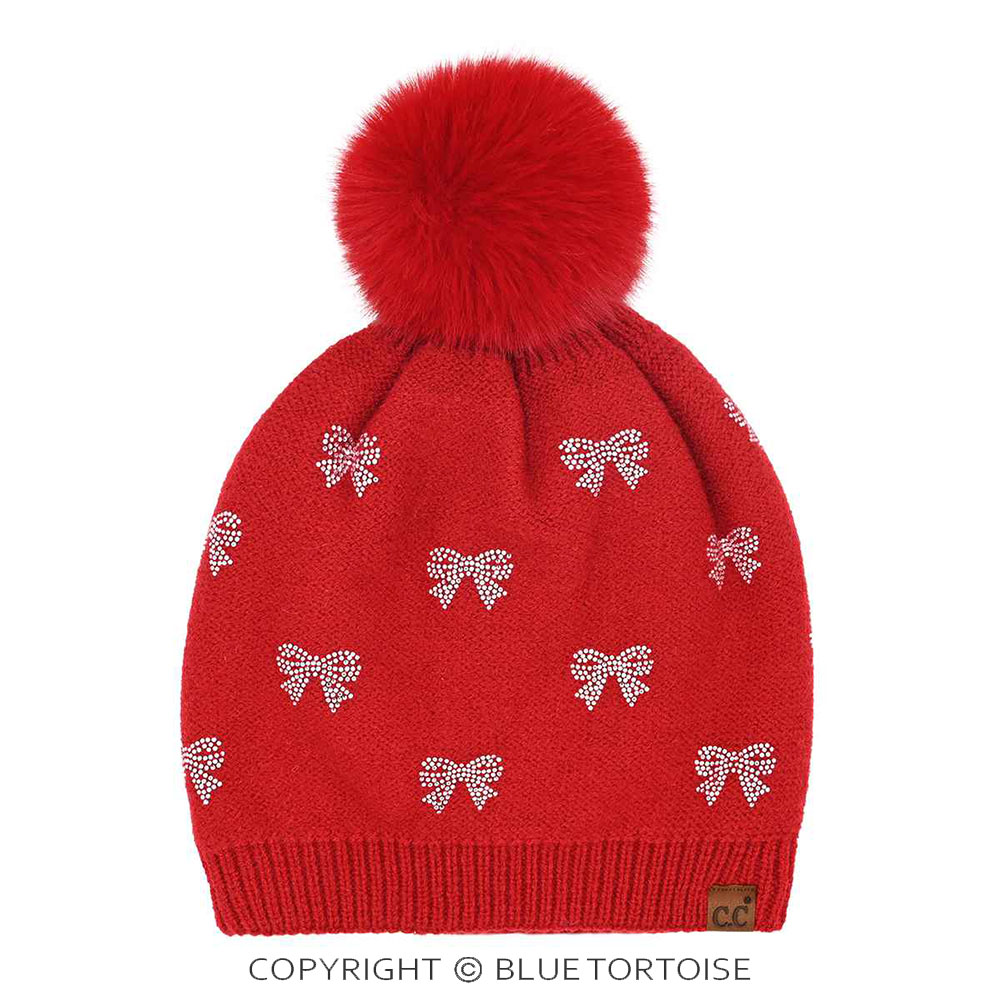 C.C Allover Rhinestone Mini Bow Pom Beanie