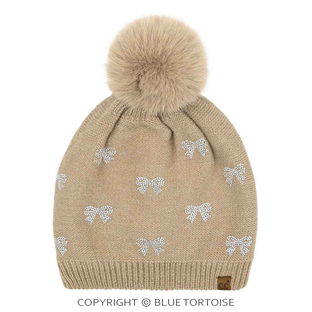 C.C Allover Rhinestone Mini Bow Pom Beanie