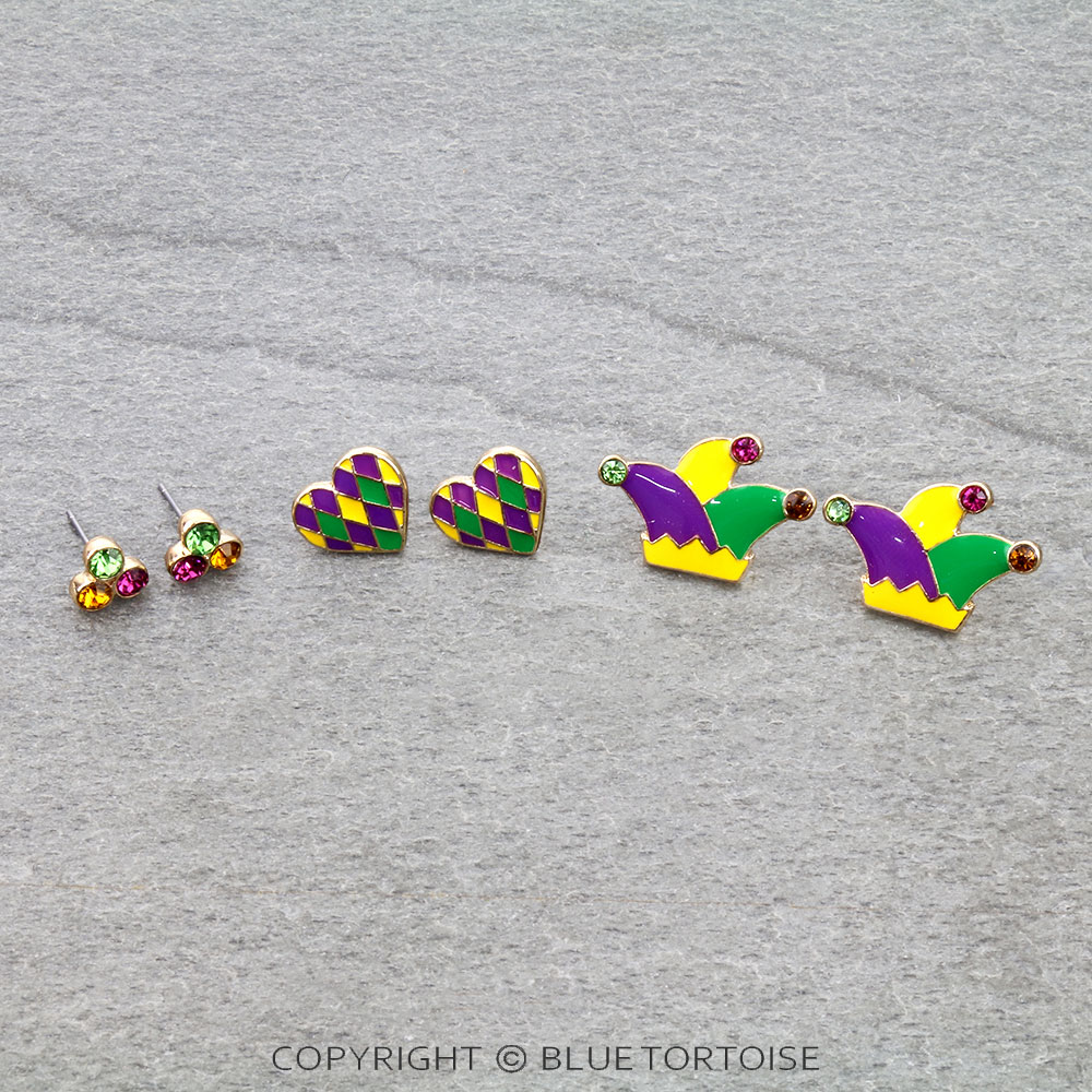 Mardi Gras Epoxy 3 Pair Earrings Set
