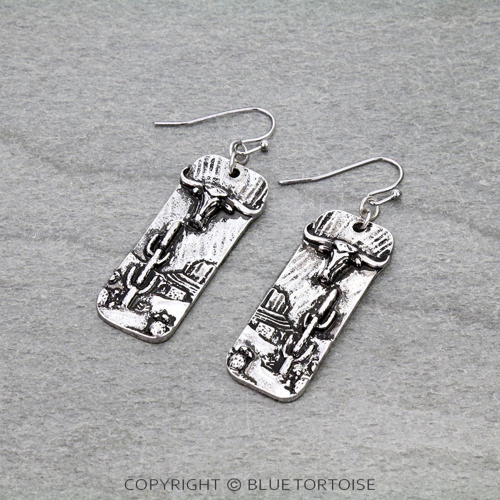 Western Steer Head Bar Dangle Earrings